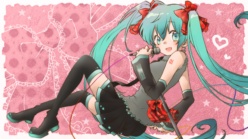 1girl, aqua_eyes, aqua_hair, boots, detached_sleeves, female_focus, hair_ribbon, hatsune_miku