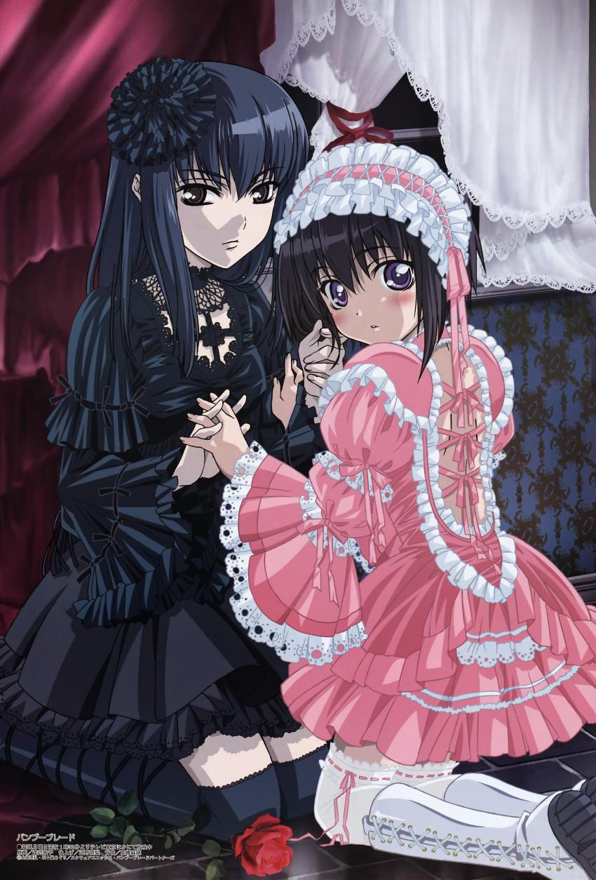 00s, 2girls, absurdres, bamboo_blade, black_hair, blush, dress, frills