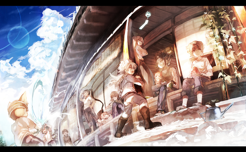 2girls, 6+boys, day, eating, food, fruit, hakuryuu_(inazuma_eleven), hand_fan