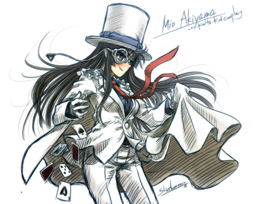 1girl, akiyama_mio, black_hair, cape, card, character_name, cosplay, female_focus, formal_clothes, gloves, hat, hime_cut, k-on!, kaitou_kid, kaitou_kid_(cosplay), long_hair, meitantei_conan, monocle, phantom_thief, ryou_(shirotsumesou), solo, suit, top_hat, white_gloves