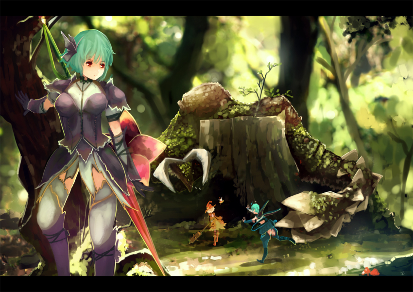 3girls, armor, capcom, die_letzte_(tc), duramboros, female_focus, forest, kazami_yuuka, letterboxed, medicine_melancholy, melahoa_(armor), mini_person, minigirl, monster, monster_hunter_(series), monster_hunter_portable_3rd, mosgharl_(armor), multiple_girls, nargacuga_(armor), nature, parody, running, shield, short_hair, su-san, touhou, weapon, wriggle_nightbug