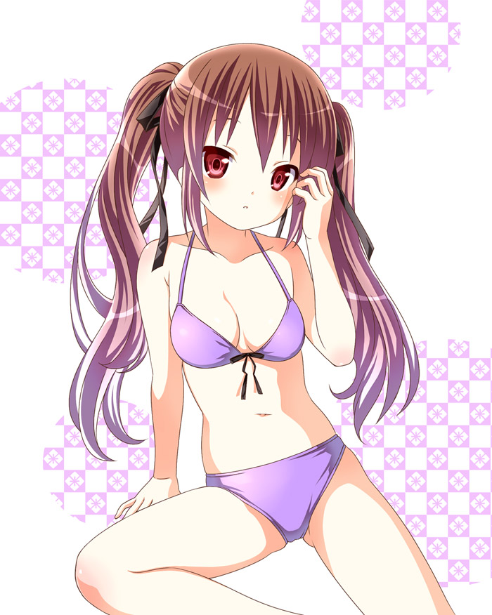 1girl, bikini, blush, breasts, brown_hair, female_focus, hair_ribbon, himekaidou_hatate