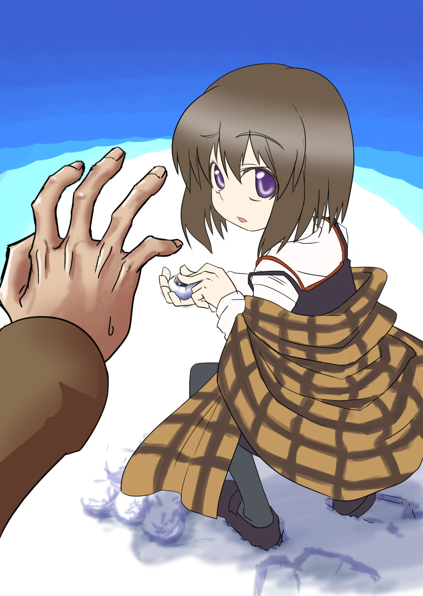 1boy, 1girl, absurdres, brown_hair, highres, kanon, misaka_shiori, plaid, purple_hair, r_(rion), raised_eyebrow, rock, shawl, short_hair, snow, snowball, squatting, sweatdrop, thighhighs