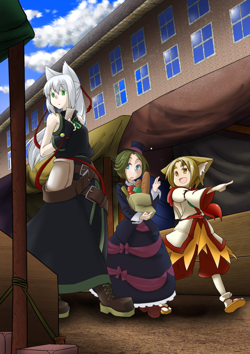 2girls, animal_ears, bare_shoulders, bell, blonde_hair, blue_eyes, boots, cloud, day, dress, eyebrows, fingerless_gloves, gloves, green_eyes, green_hair, hat, highres, jewelry, jingle_bell, long_hair, multiple_girls, open_mouth, original, paper, pointing, r_(rion), ribbon, sandals, short_hair, sky, top_hat, walking, white_hair, yellow_eyes, zouri