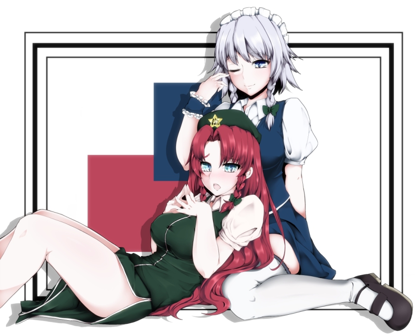 2girls, bare_legs, blue_eyes, braid, chinese_clothes, female_focus, hair_ribbon, hong_meiling