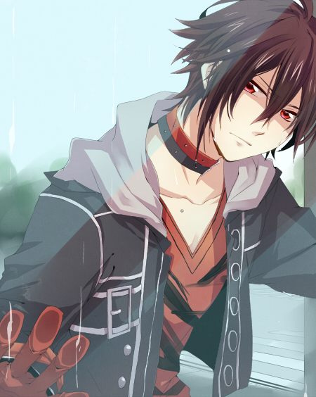 1boy, amnesia_(idea_factory), bad_id, bad_pixiv_id, bishounen, black_hair, choker, expressionless