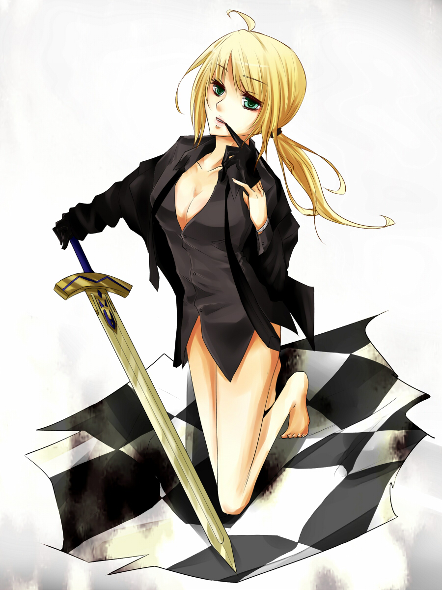 1girl, aqua_eyes, artoria_pendragon_(fate), barefoot, biting, biting_glove, black_gloves, blonde_hair, breasts, cleavage, excalibur_(fate/stay_night), fate/zero, fate_(series), female_focus, gloves, highres, kneeling, ponytail, saber_(fate), shiro_i_neko, shiroi_neko_(okenoris), solo, undressing