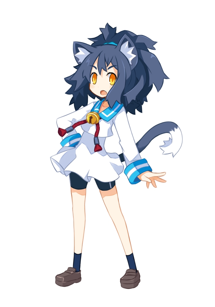 1girl, animal_ears, bell, bike_shorts, black_hair, cat_ears, cat_tail, collar, disgaea, female_focus, long_hair, makai_senki_disgaea_3, neck_bell, rutile_(disgaea), sai_(bankoru), sailor_collar, solo, tail, yellow_eyes