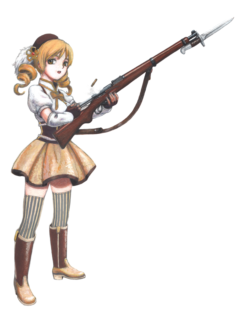 10s, 1girl, arm_warmers, ayase_(ayase_m712), bayonet, bolt_action, boots, bow, bowtie, casing_ejection, corset, cowboy_boots, drill_hair, female_focus, fingerless_gloves, full_body, gloves, gun, gun_sling, highres, k31, mahou_shoujo_madoka_magica, mahou_shoujo_madoka_magica_(anime), patterned_legwear, pinstripe_pattern, puffy_sleeves, rifle, shell_casing, simple_background, skirt, solo, standing, striped, thighhighs, tomoe_mami, tomoe_mami_(magical_girl), traditional_media, weapon, white_background, yellow_skirt
