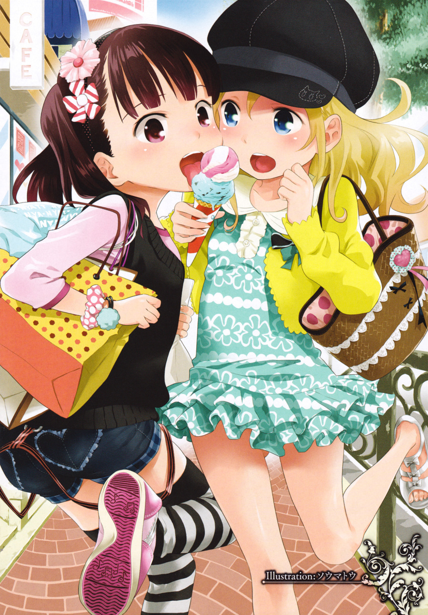 2girls, absurdres, artist_name, bag, black_legwear, blonde_hair, blue_eyes, blush, bracelet, brick, brown_hair, buttons, newsboy_cap, cafe, casual, day, denim, denim_shorts, dress, eating, flat_chest, floral_print, flower, food, hair_flower, hair_ornament, hat, heart, heart_print, highres, holding, ice_cream, ice_cream_cone, jewelry, leg_lift, licking, multiple_girls, musical_note, non-web_source, original, outdoors, pavement, pink_eyes, plaid, polka_dot, sandals, scan, shared_food, shoes, shopping_bag, short_shorts, shorts, sky, sneakers, soumatou, soumatou_(mayoibashi), standing, standing_on_one_leg, striped_clothes, striped_legwear, striped_thighhighs, sundress, sweater_vest, thighhighs, toes, tongue, tree, white_legwear