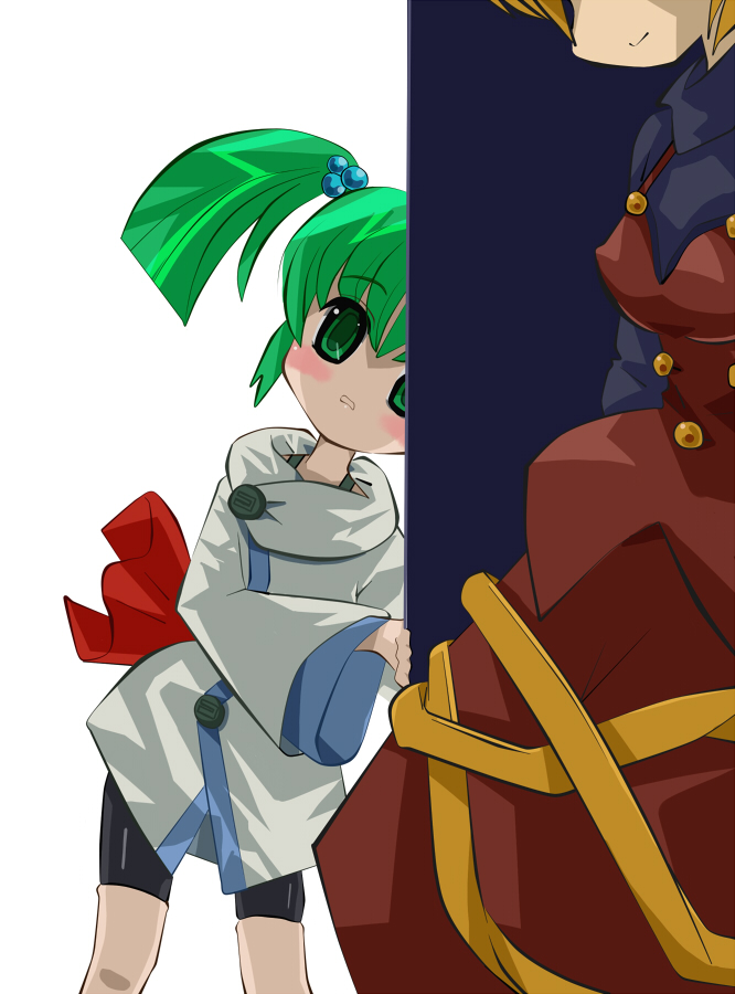 2girls, alternate_costume, blonde_hair, blush, female_focus, green_eyes, green_hair, hair_bobbles