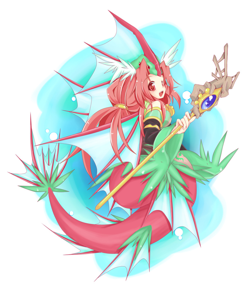 duel_monster, evigishki_merrowgeist, highres, mermaid, monster_girl, red_eyes, red_hair, staff
