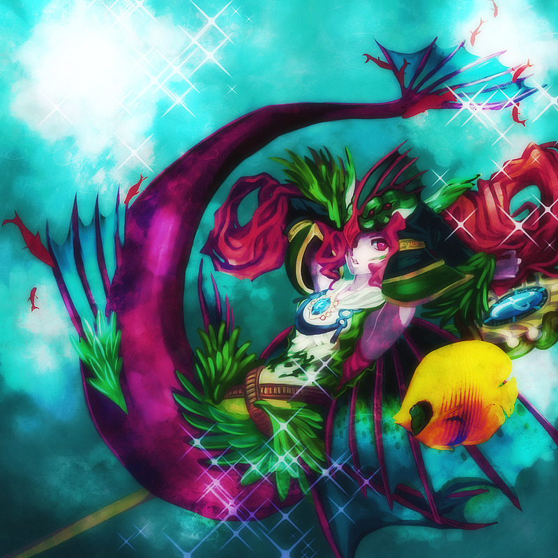 duel_monster, evigishki_merrowgeist, mermaid, monster_girl, red_eyes, red_hair, staff, yu-gi-oh!