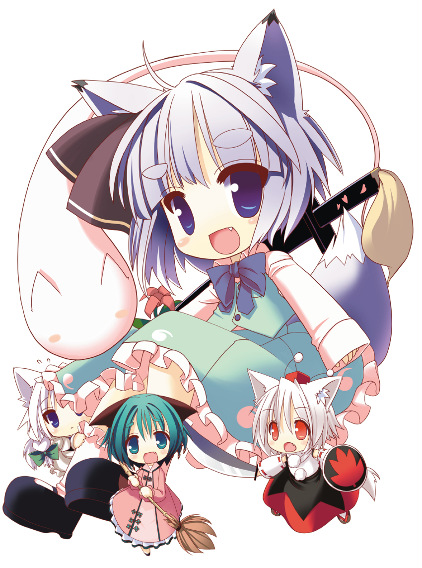 3girls, ahoge, animal_ears, blue_eyes, bow, braid, broom, cat_ears, cat_girl, detached_sleeves, fang, female_focus, green_eyes, green_hair, hair_bow, hat, highres, hitodama, inubashiri_momiji, izayoi_sakuya, kasodani_kyouko, konpaku_youmu, konpaku_youmu_(ghost), multiple_girls, nagomi_tozakura, open_mouth, red_eyes, shield, short_hair, side_braid, silver_hair, single_braid, sword, tokin_hat, touhou, weapon, wide_sleeves