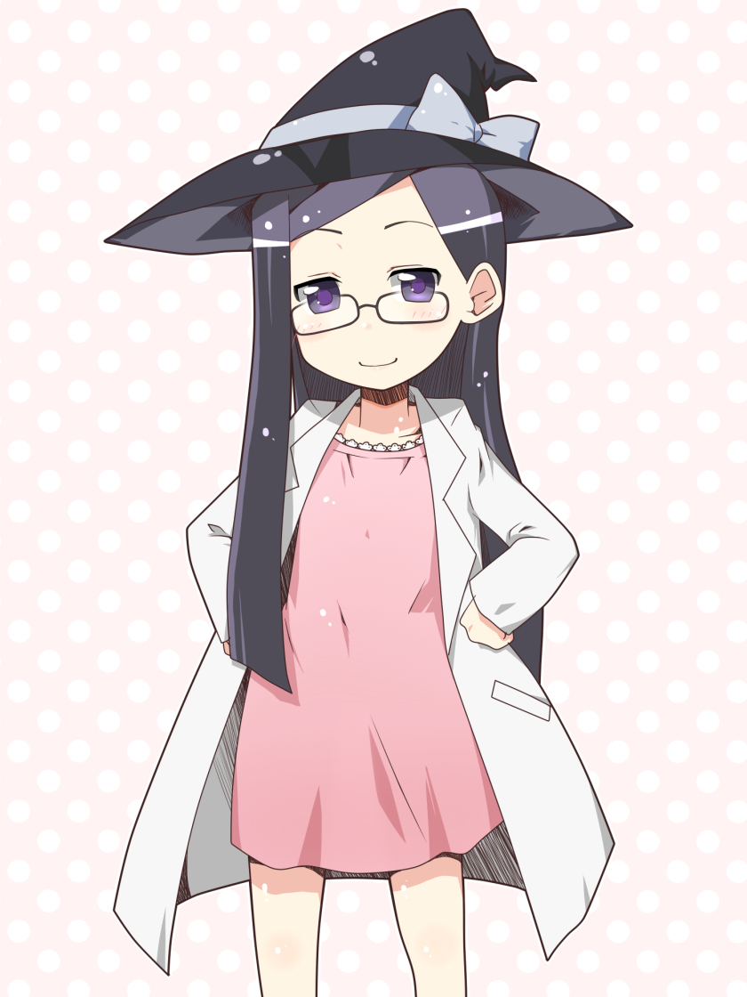 1girl, female_focus, flat_chest, glasses, hat, hat_ribbon, kusuri_no_marjoram, lab_coat