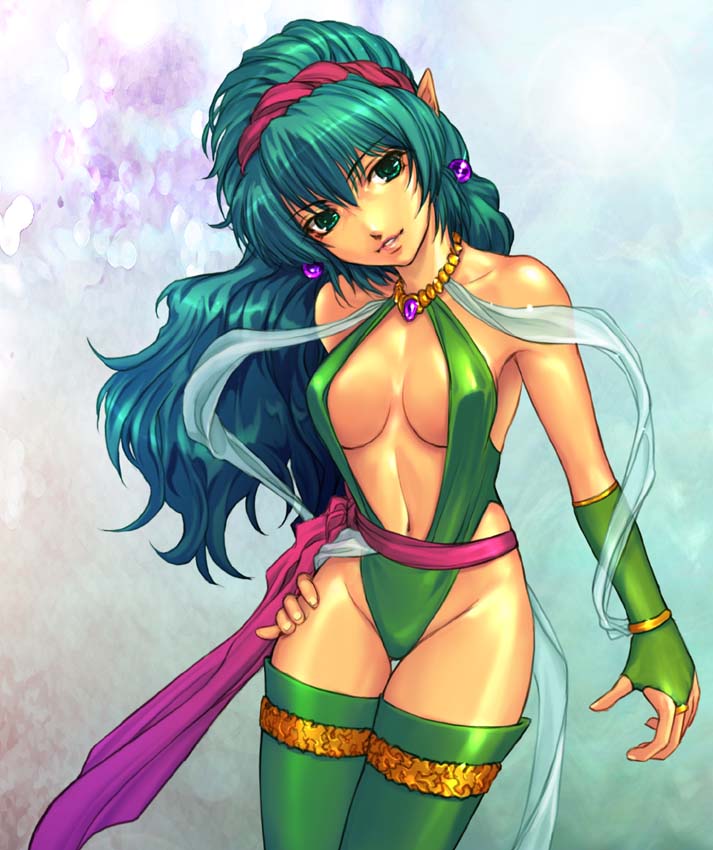 1girl, breasts, breasts_apart, bridal_gauntlets, cisty, earrings, elf, green_eyes, green_hair, hand_on_own_hip, headband, hip_focus, jewelry, leotard, lightbringer, long_hair, lots_of_jewelry, necklace, pinky_out, plunging_neckline, pointy_ears, sash, taito, thighhighs, yoko_juusuke