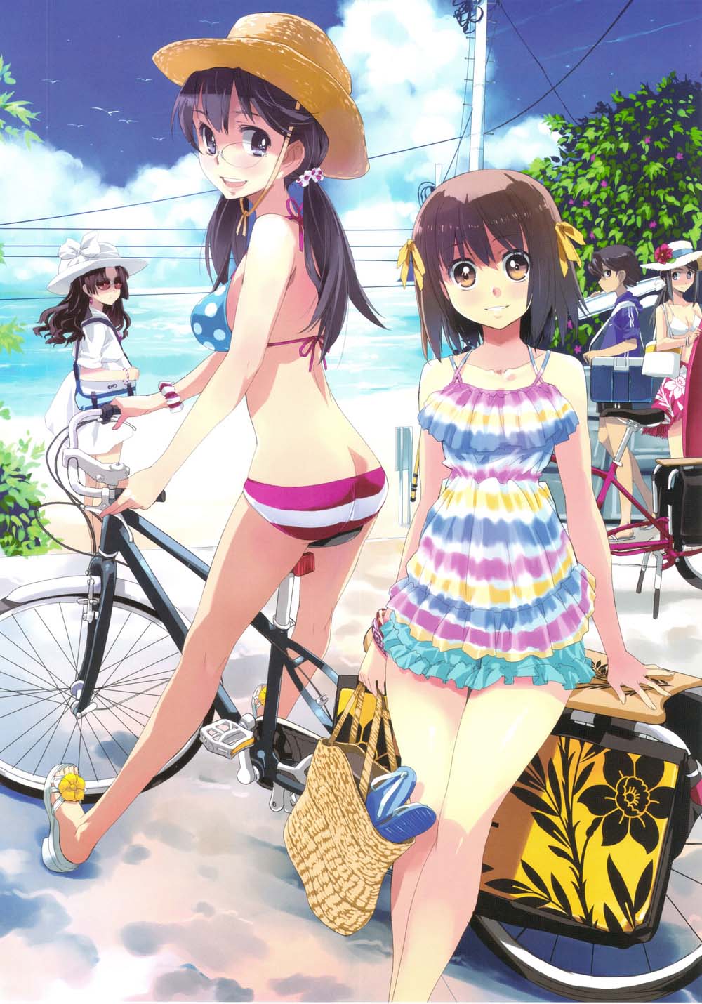 5girls, :d, akizuki_tomoe, ass, bag, beach, bicycle, bikini