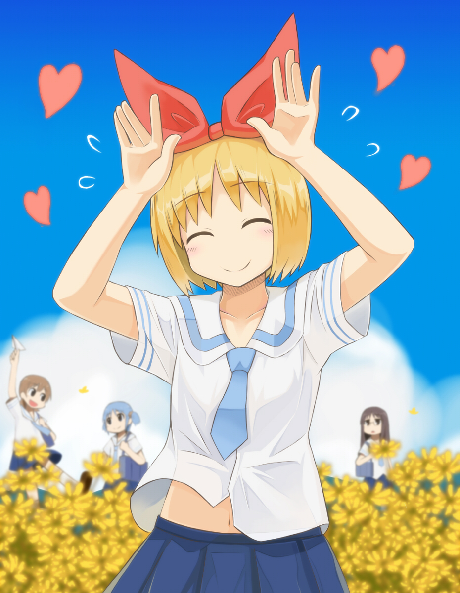 4girls, :o, ^_^, aioi_yuuko, annaka_haruna, bad_id, bad_pixiv_id, bag, black_hair, blonde_hair, blue_hair, bow, brown_hair, closed_eyes, cloud, collarbone, cube_hair_ornament, day, flower, flying_sweatdrops, glasses, hair_bow, hair_ornament, heart, highres, kazumania, minakami_mai, multiple_girls, naganohara_mio, navel, necktie, nichijou, open_mouth, paper_airplane, school_bag, school_uniform, short_hair, short_twintails, skirt, sky, smile, tokisadame_school_uniform, twintails