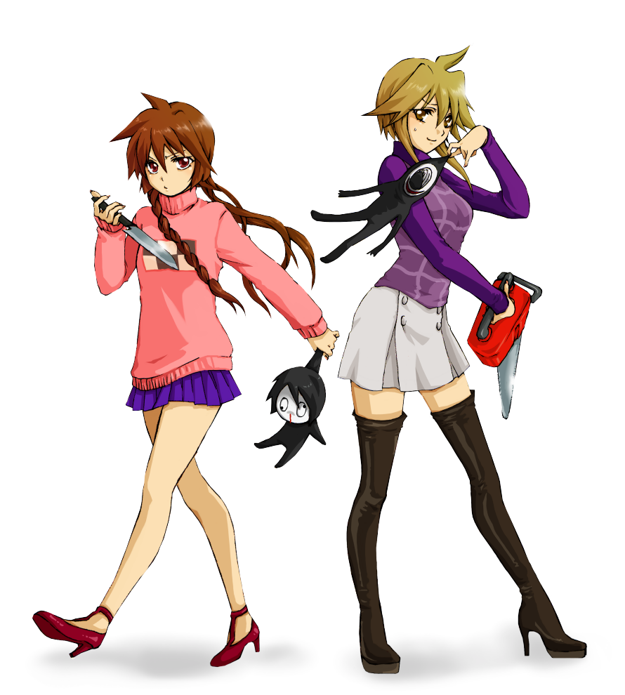 2girls, black_eyes, black_hair, black_legwear, blonde_hair, blood, boots, braid, brown_eyes, brown_hair, chainsaw, character_doll, crossover, doll, frown, hanasuzume, high_heels, knife, long_hair, long_sleeves, madotsuki, misochige, multiple_girls, nosebleed, red_eyes, sekomumasada_sensei, shoes, short_hair, simple_background, skirt, sleeves_past_wrists, smile, smile_san_(yume_2kki), sweater, thigh_boots, thighhighs, twin_braids, twintails, urotsuki, white_background, yume_2kki, yume_nikki, zettai_ryouiki