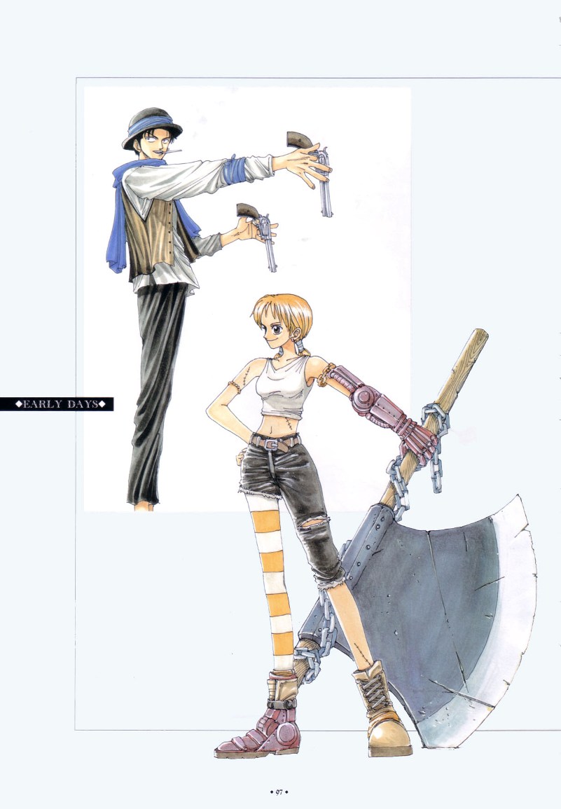 1boy, 1girl, axe, belt, boots, bowler_hat, chain, cyborg, full_body, gil_bastar, gun, hand_on_own_hip, handgun, hat, hip_focus, marksman, mouth_hold, nami_(one_piece), oda_eiichirou, official_art, one_piece, pants, pistol, scarf, simple_background, standing, striped_legwear, vest, wanted!, weapon, white_background, white_pants