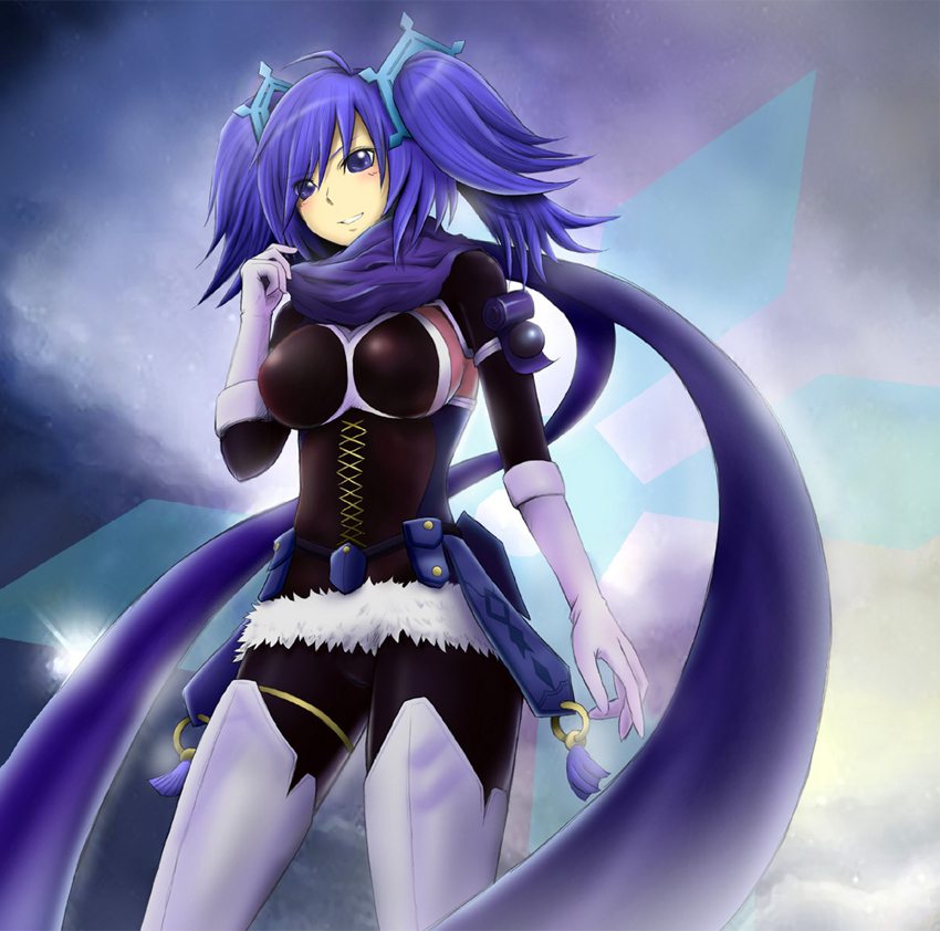 blue_eyes, blue_hair, corset, dance_princess_of_the_ice_barrier, duel_monster, hair_ornament, scarf, short_twintails