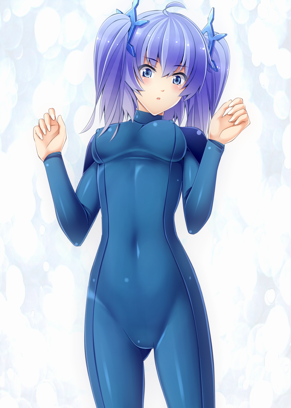 1girl, blue_eyes, blue_hair, bodysuit, covered_erect_nipples, dance_princess_of_the_ice_barrier, duel_monster, female_focus, hair_ornament, highres, komimiyako, latex, matching_hair/eyes, short_twintails, solo, twintails, yu-gi-oh!