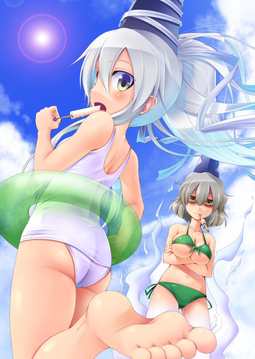 2girls, aozora_market, ass, bags_under_eyes, barefoot, bikini, breasts, cleavage