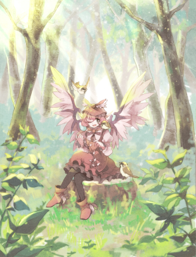 1girl, animal_ears, bird, black_pantyhose, chachi_(azuzu), female_focus, forest, hat
