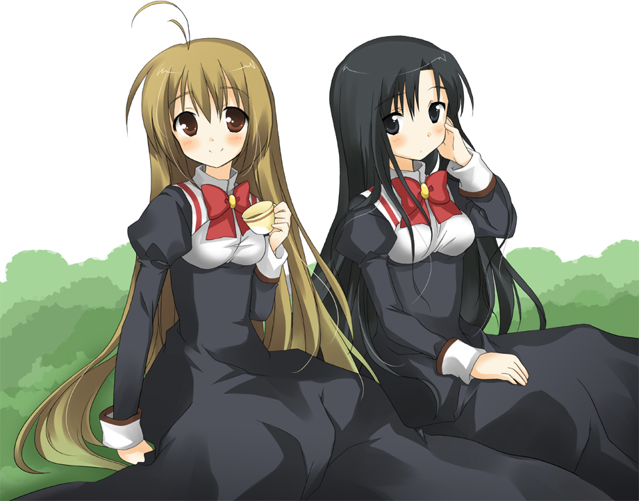 00s, 1boy, 1girl, crossdressing, cup, dress, juujou_shion, long_hair