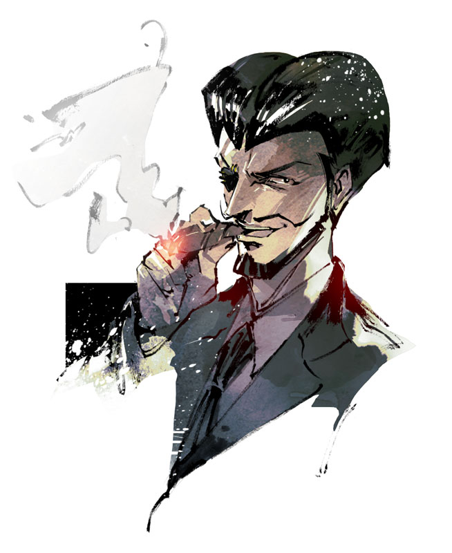 1boy, beard, black_eyes, black_hair, cigar, eyepatch, facial_hair, formal_clothes