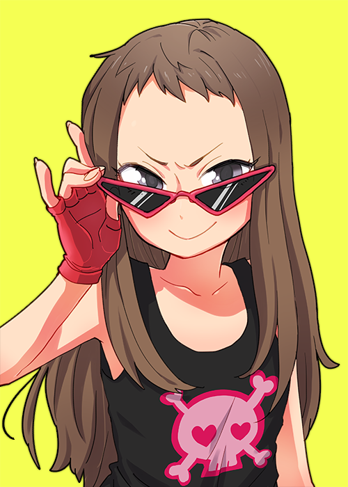 10s, 1girl, adjusting_eyewear, bad_id, bad_pixiv_id, blue_eyes, brown_hair, female_focus, fingerless_gloves, glasses, gloves, hanatsuka, heart, idolmaster, idolmaster_cinderella_girls, koseki_reina, long_hair, looking_over_eyewear, skull_and_crossbones, smirk, solo, sunglasses, tank_top