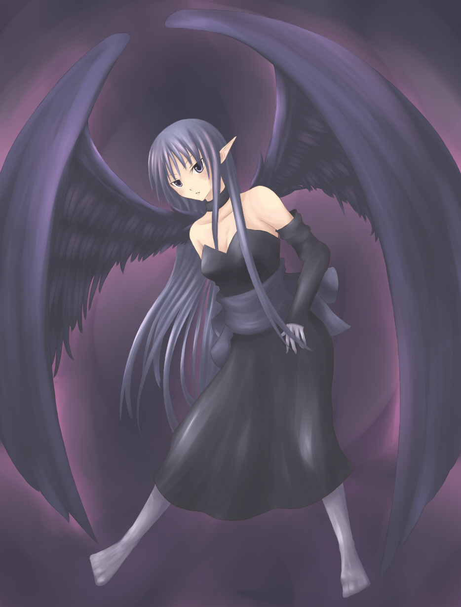 black_eyes, black_hair, dress, duel_monster, highres, long_hair, night_winged_sorceress, pointy_ears
