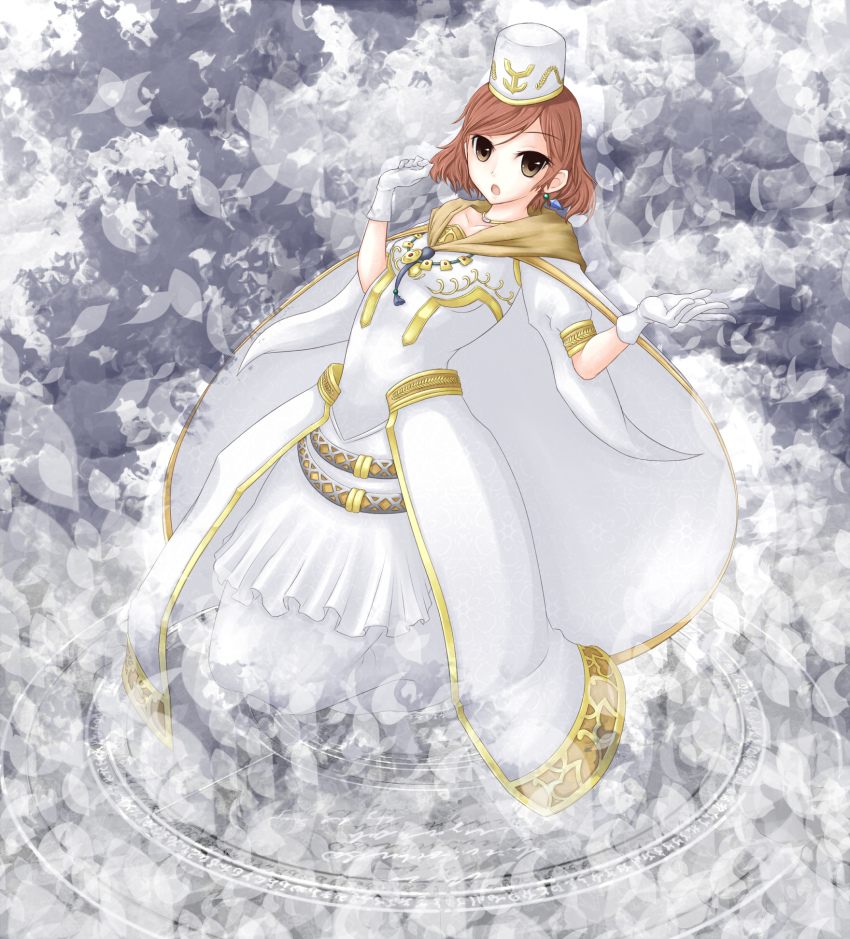 1girl, brown_hair, dress, duel_monster, female_focus, gloves, hat, highres