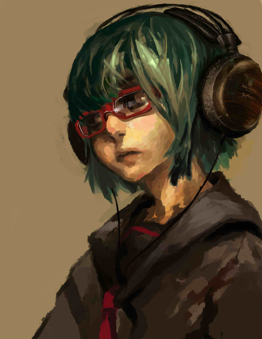 1girl, audio-technica, bespectacled, female_focus, glasses, green_hair, gumi, headphones