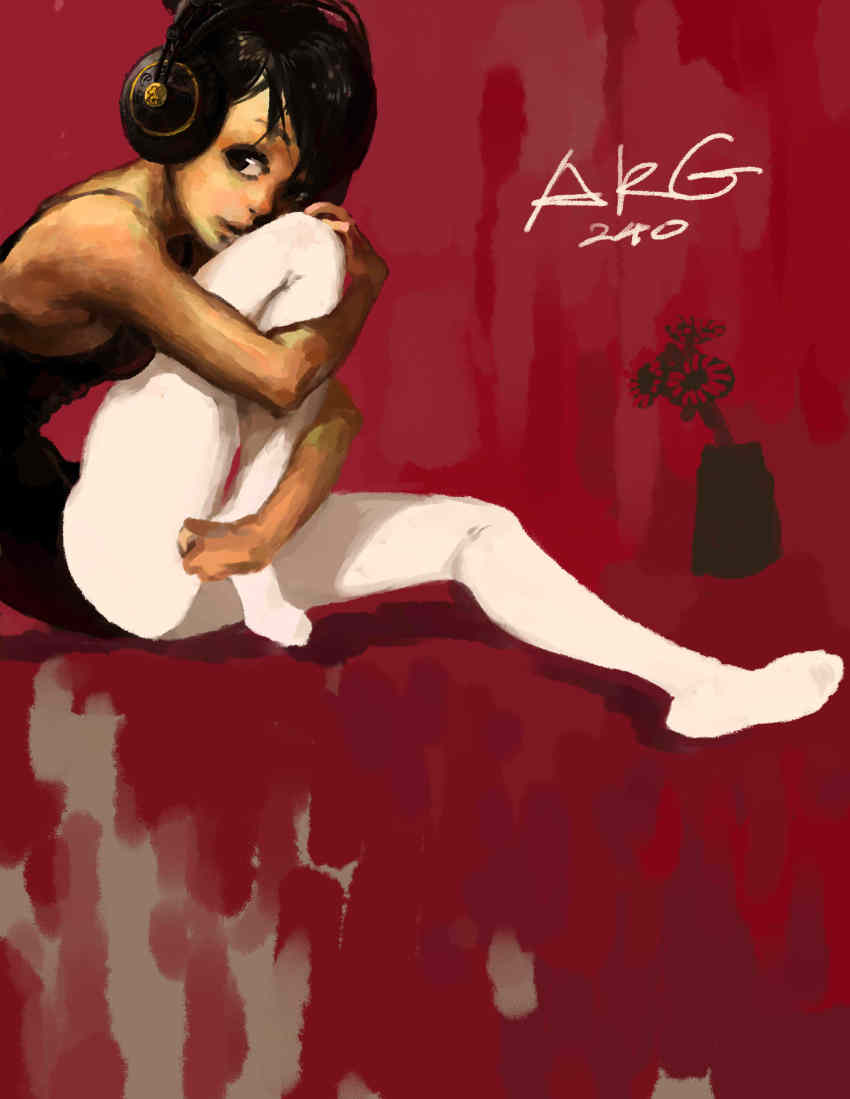 1girl, absurdres, akg, akg_k-series_headphones, bad_id, bad_pixiv_id, bare_shoulders, black_hair