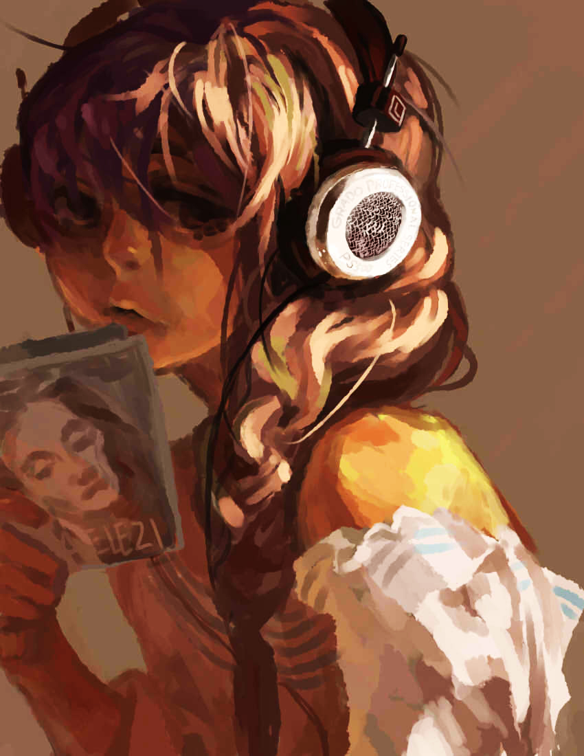 1girl, bare_shoulders, braid, brown_hair, cd_case, female_focus, grado_labs, headphones