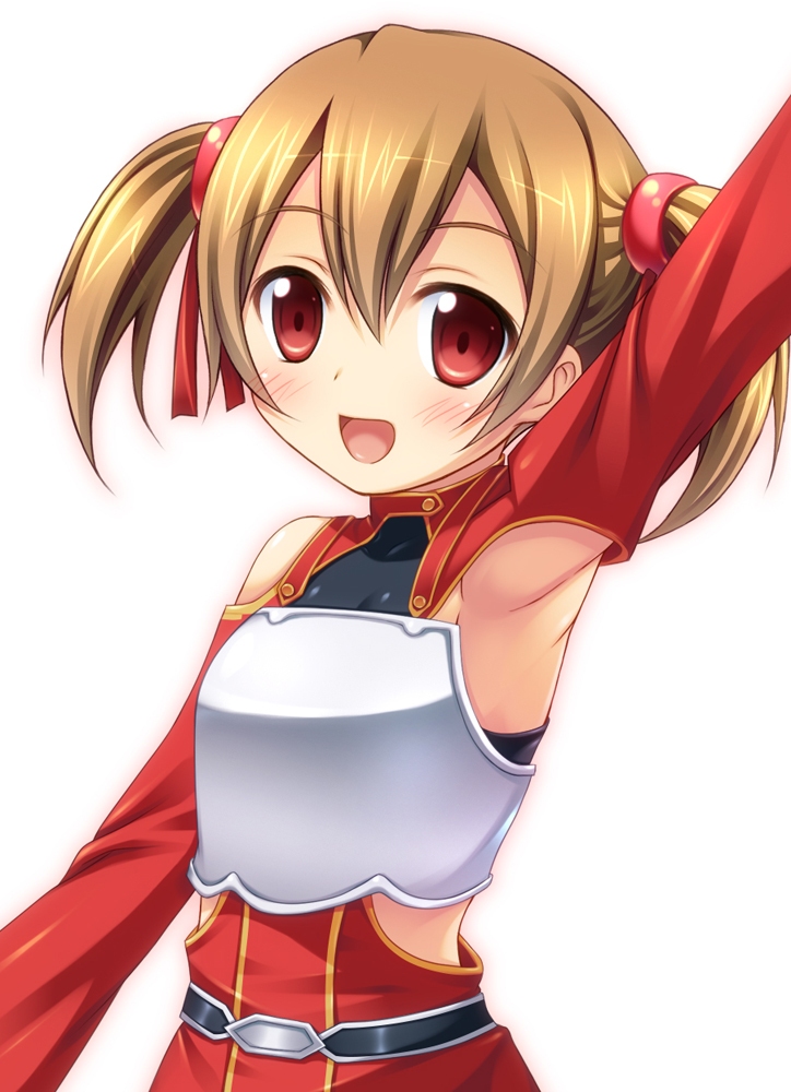 10s, 1girl, arm_up, armor, armpits, blush, breastplate, brown_hair