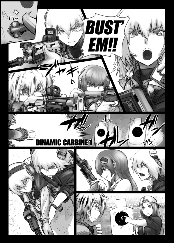 3girls, assault_rifle, braid, didloaded, english_text, engrish_text, female_focus, firing