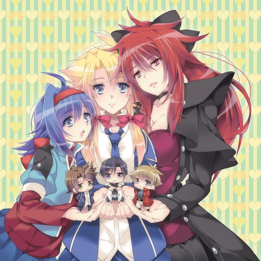 10s, 2boys, 3girls, ahoge, black_eyes, black_hair, blonde_hair, blue_eyes, blue_hair, brown_hair, buttons, cardfight!!_vanguard, chibi, gender_request, genderswap, girl_sandwich, green_eyes, hairband, himeno345, holding, jacket, jun_(cardfight!!_vanguard), kai_toshiki, long_sleeves, looking_at_viewer, mitsusada_kenji, miwa_taishi, multiple_boys, multiple_girls, open_clothes, open_jacket, red_eyes, red_hair, sandwiched, sendou_aichi, simple_background, standing, striped_background, suzugamori_ren, unbuttoned, vertical_stripes