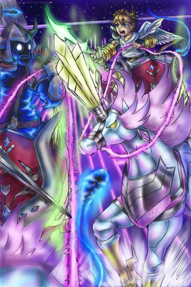 2boys, angel, angel_wings, armor, battle, blade, blue_eyes, brown_hair, chariot_master, fake_horns, helmet, holding, holding_sword, holding_weapon, horned_helmet, horns, kid_icarus, kid_icarus_uprising, lightning_chariot, male_focus, multiple_boys, nintendo, open_mouth, pauldrons, pit_(kid_icarus), reins, shoulder_armor, single_horn, star_(sky), sword, unicorn, vitamin_cotora, weapon, wings