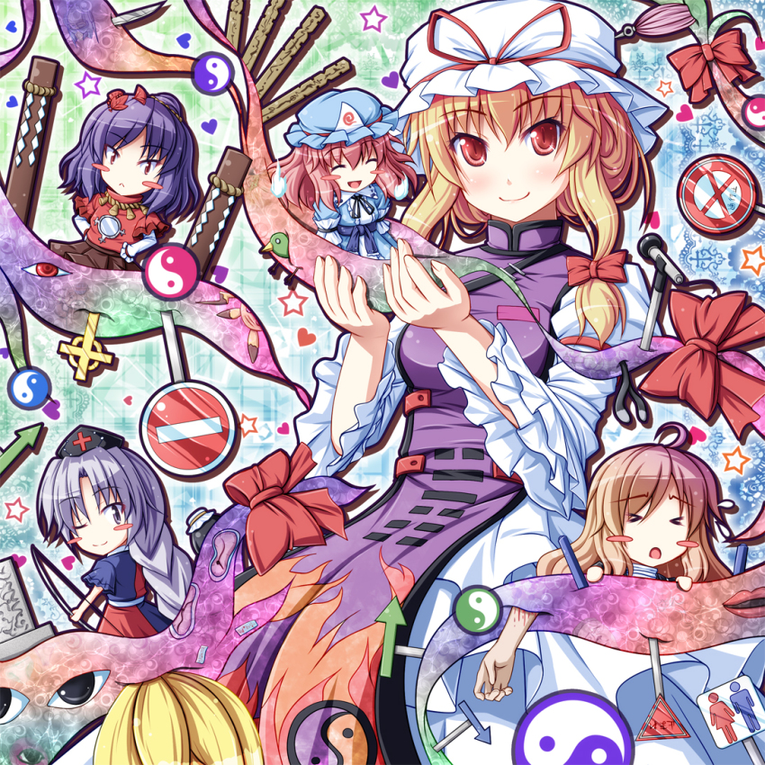 >_<, 5girls, :<, :d, ;), ^_^, akashio_(loli_ace), arrow_(symbol)