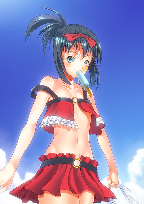 1girl, amae_koromo, bag, bare_shoulders, black_hair, blue_eyes, cloud, day