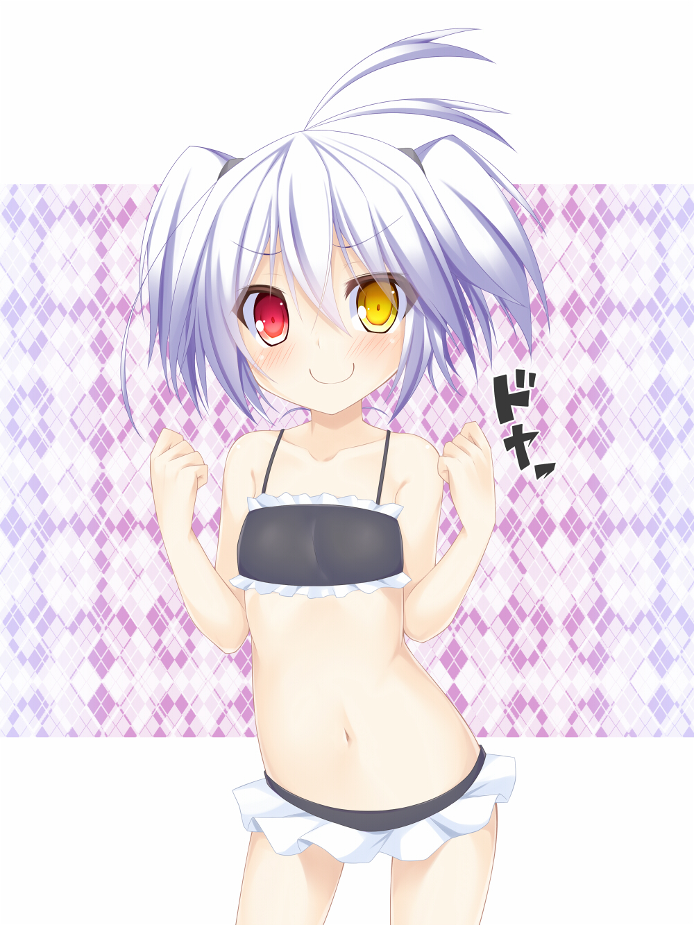 1girl, ahoge, bikini, black_bikini, blush, c:, child, female_focus, heterochromia, highres, larme_noir, navel, original, panties, pantyshot, red_eyes, short_hair, short_twintails, skirt, smile, solo, suterii, swimsuit, twintails, underwear, upskirt, white_hair, yellow_eyes