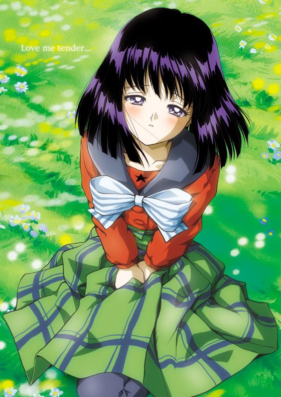 1990s_(style), 1girl, bishoujo_senshi_sailor_moon, bishoujo_senshi_sailor_moon_s, black_hair, black_pantyhose, blouse, blue_pantyhose, blush, bob_cut, dress, english_text, female_focus, half-closed_eyes, hino_ryutaro, kneeling, mugen_gakuen_school_uniform, pantyhose, plaid_clothes, plaid_skirt, purple_eyes, purple_hair, purple_pantyhose, red_shirt, retro_artstyle, school_uniform, serafuku, shirt, short_hair, sitting, skirt, solo, toei_company, tomoe_hotaru