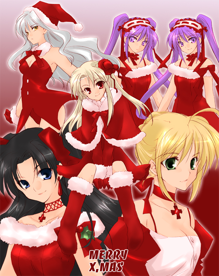 00s, 6+girls, alternate_costume, artoria_pendragon_(fate), blonde_hair, caren_hortensia, christmas, euryale_(fate)
