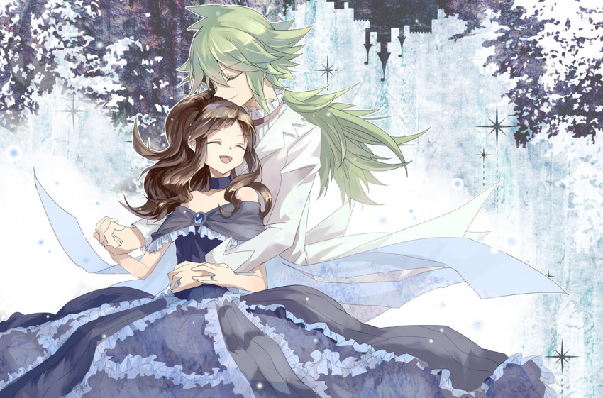 10s, 1boy, 1girl, alternate_costume, black_dress, brown_hair, closed_eyes, couple, dress, frilled_dress, frills, green_hair, height_difference, hetero, hilda_(pokemon), holding_hands, jewelry, laughing, long_hair, luzi_(asobi0604), n_(pokemon), nintendo, pokemon, pokemon_black_and_white, ponytail, ring, smile