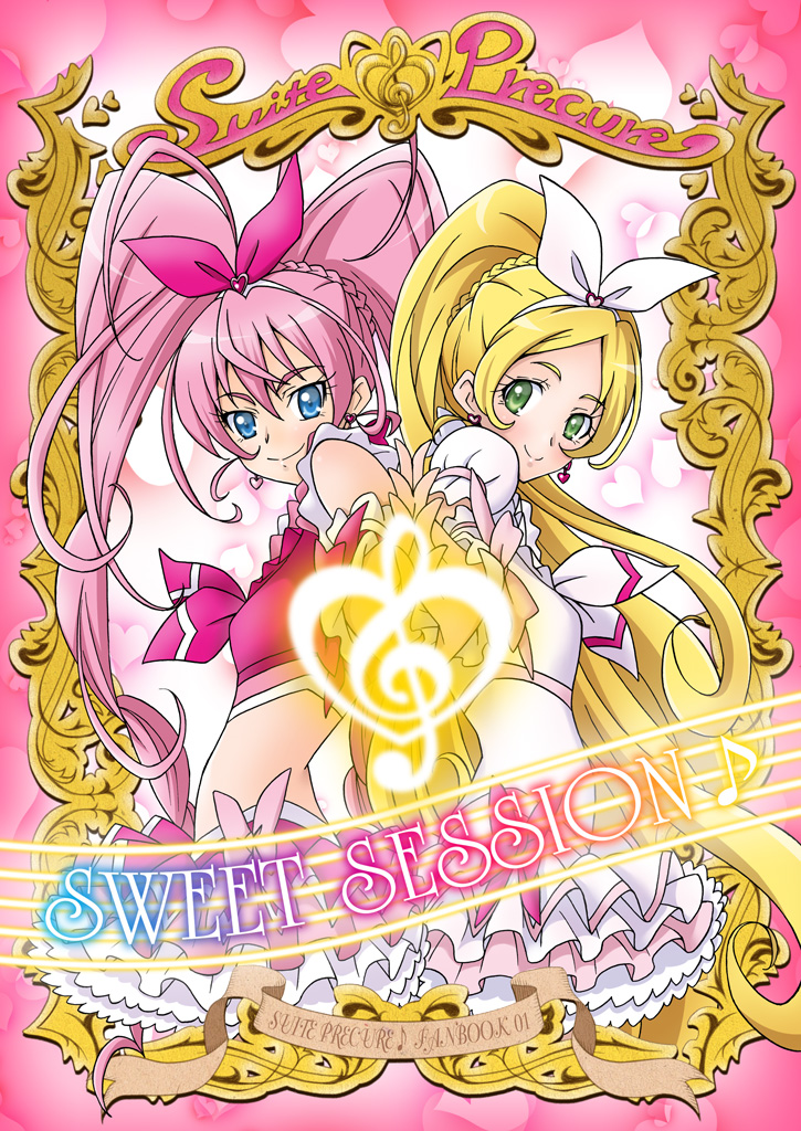 10s, 2girls, blonde_hair, blue_eyes, bow, braid, cure_melody, cure_rhythm