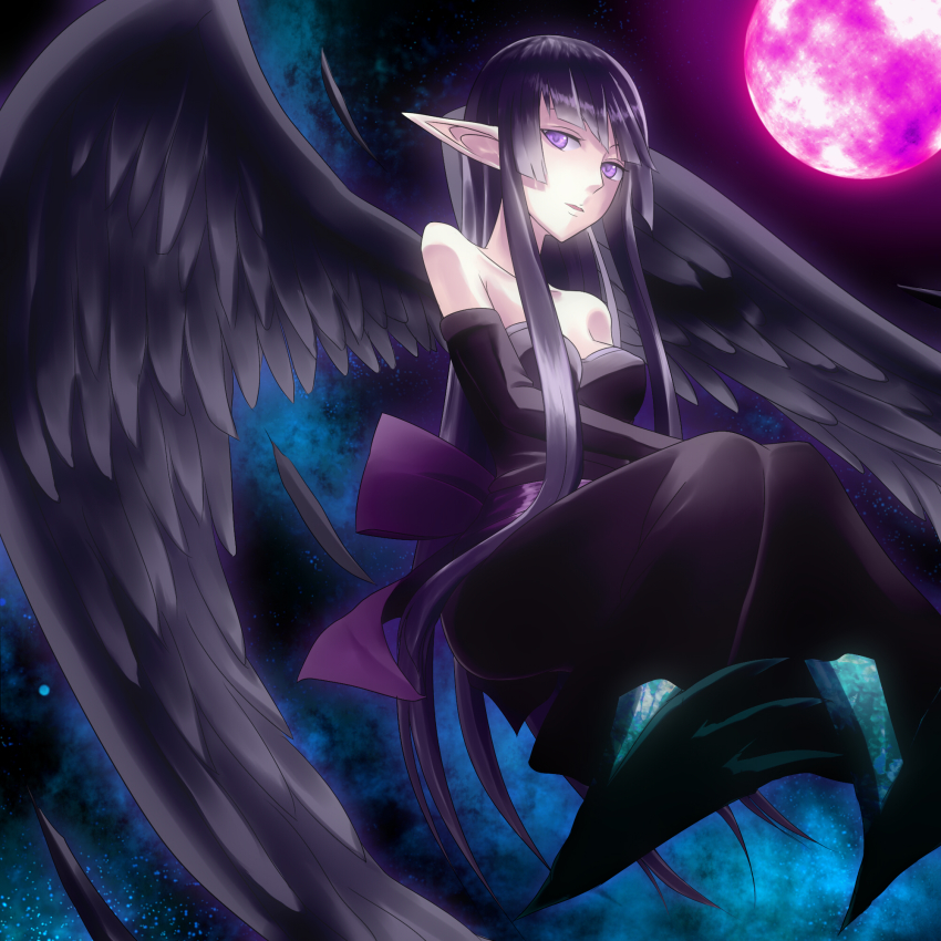 black_hair, dress, duel_monster, highres, long_hair, night_winged_sorceress, pointy_ears, purple_eyes, wings, yu-gi-oh!, yuu-gi-ou, yu-gi-oh!_duel_monsters