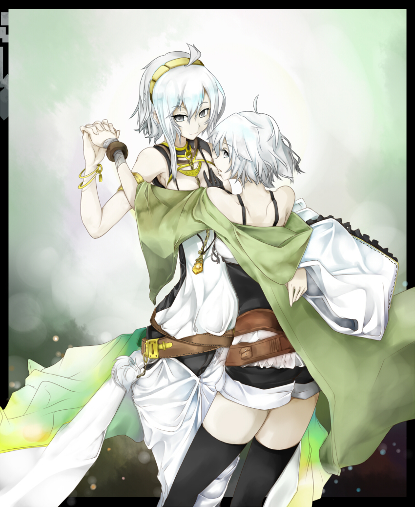 2girls, ahoge, armband, armlet, bad_id, bad_pixiv_id, bandages, belt