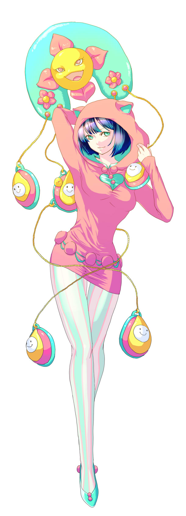 1girl, animal_ears, blue_hair, bob_cut, california_king_bed, fake_animal_ears, female_focus, green_eyes, higashikata_daiya, highres, hood, hoodie, jojo_no_kimyou_na_bouken, jojolion, kamiura, legs, pantyhose, smile, solo, stand_(jojo), striped_clothes, striped_pantyhose, vertical-striped_clothes, vertical-striped_pantyhose